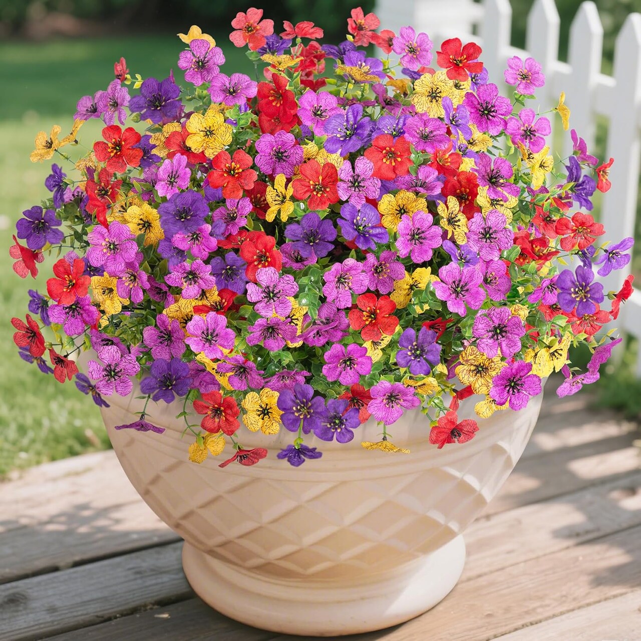 Artificial Fake Mums Plants Flowers Outdoor Spring Decoration, 12 Bundles Faux Silk Colorful Daisy Realistic Eucalyptus UV Resistant for Outside Home Porch Patio Yard Planter Decor